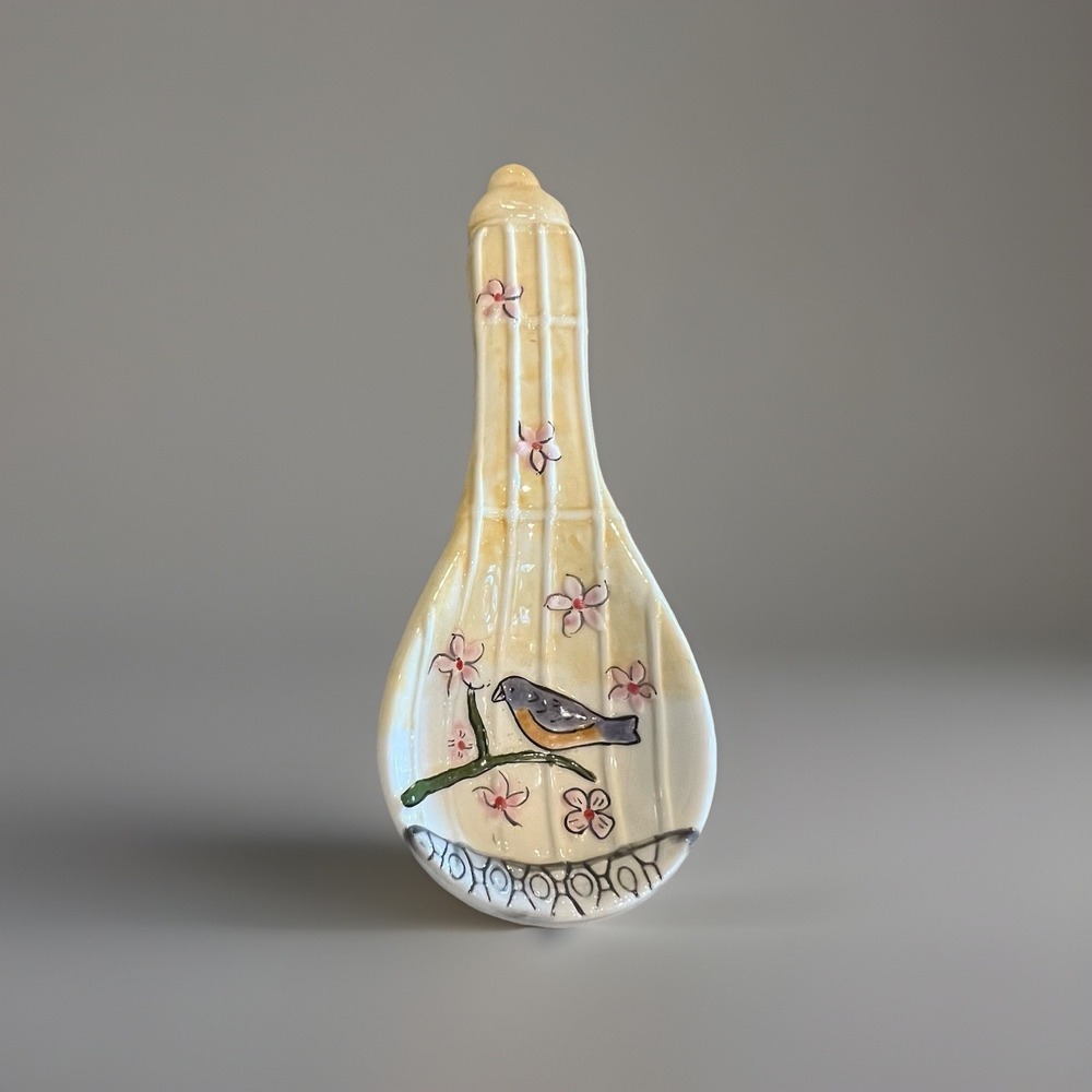 Ganz Ceramic Spoon Rest Bird on Branch Pink Cherry Blossoms Hand Painted ER44522
